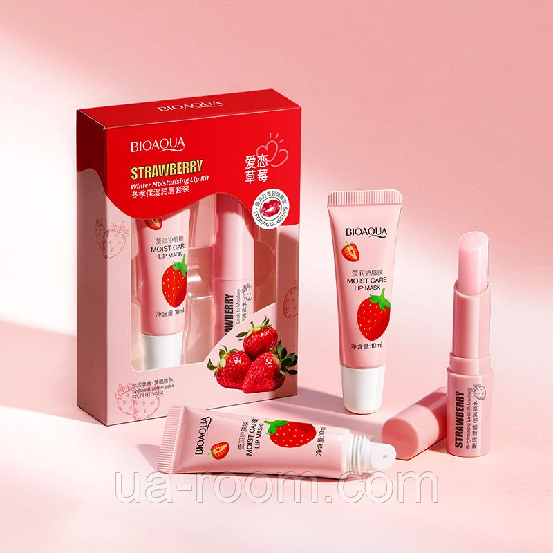Набор для губ маска+бальзам с экстрактом клубники Bioaqua Strawberry Vaseline Lip Set, 10 мл + 2.7 г.