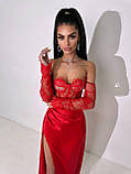 Жіночий вечірній костюм зі спідницею максі з розрізом та корсетом з мереживом, фото 2