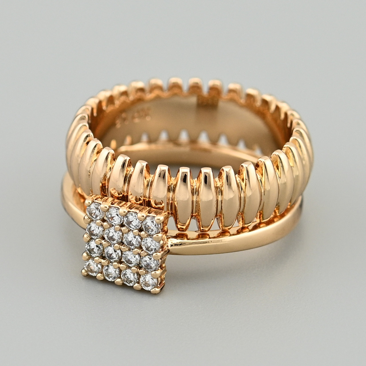 Каблучка подвійна З'єднані 50006 ширина 10 мм білі фіаніти позолота 18К розмір 16, фото 1