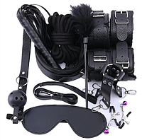 БДСМ Набор Obedience игрушки BDSM Садо мазо игры 10 в 1 , кнут, кляп, наручники, ошейник Черный