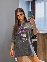 Базова літня трендова жіноча бавовняна графіт вільна подовжена футболка варенка оверсайз 42-48