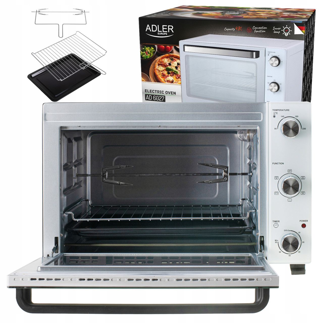 Електрична духовка Adler AD 6027 — 48 л, 1800 Вт, конвекція, гриль, рожен, біла