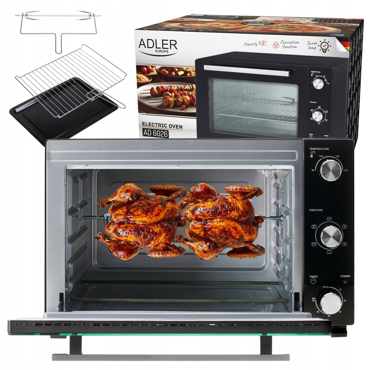 Електрична духовка Adler AD 6026 — 48 л, 1800 Вт, конвекція, гриль, вертел