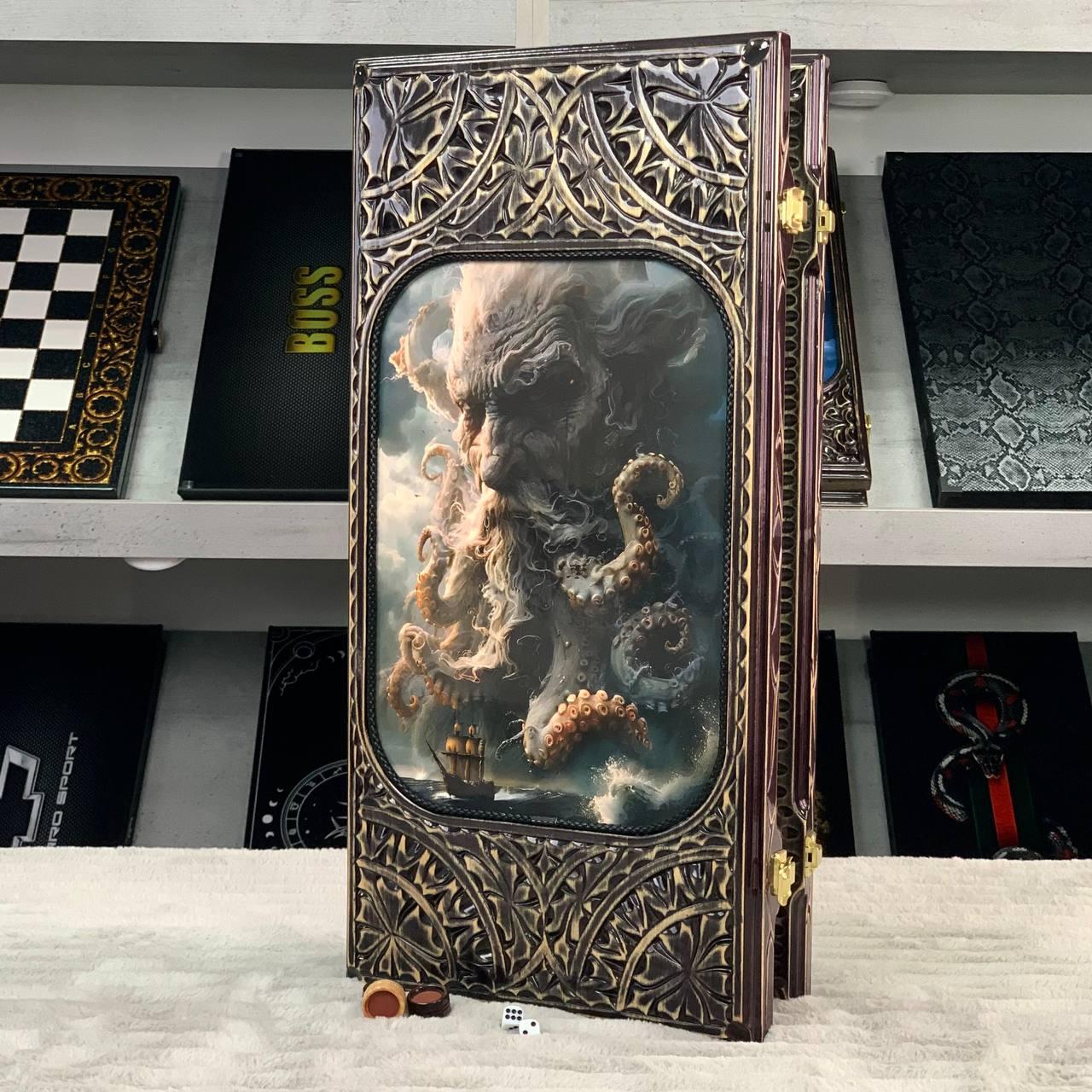 Нарди дерев'яні ручної роботи Кракен зі скляним ігровим полем 58×28×10см, фото 1