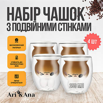 Набір склянок Cooking House 4х250 мл, подвійна стінка, прозора, термостійка чашка, для кави, чаю, лате, капучино