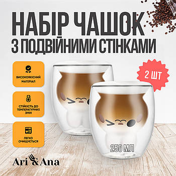Набір склянок Cooking House 2х250 мл, подвійна стінка, прозора, термостійка чашка, для кави, чаю, лате, капучино