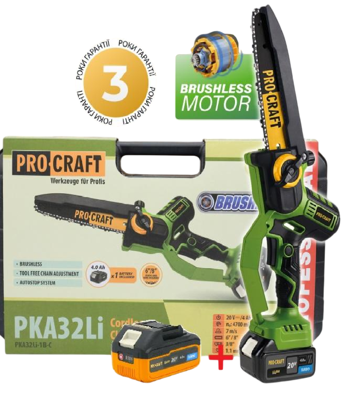 Пила ланцюгова Procraft PKA32Li (АКБ 20 В, 4 А·год - 2шт) (2 шини 2 ланцюги кейс), фото 1