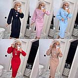 Нарядна класична жіноча сукня міді вечірня з довгим рукавом обтягуюча блакитна сукня з поясом, фото 9