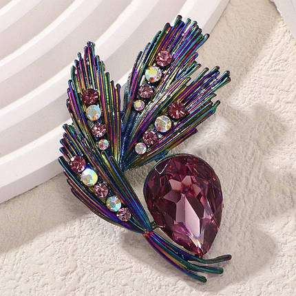 Брошка металева бензинова різнобарвна гілочка з переливними стразами розмір виробу 55х60 мм, фото 1