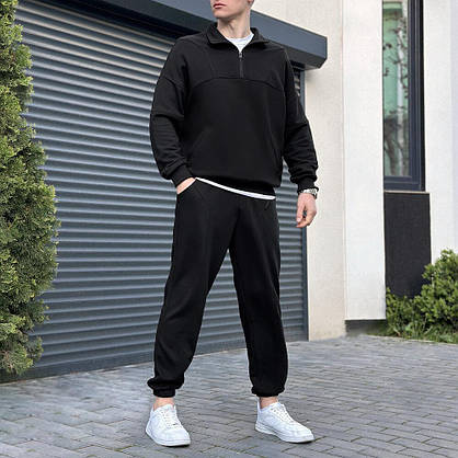 Костюм чоловічий чорний вільного крою з тринитки для повсякденного використання спортивний стиль, фото 2