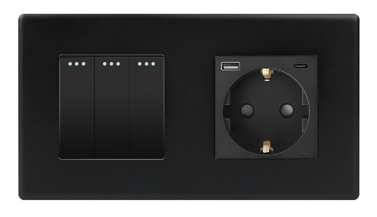 Вимикач (3кл.) + Розетка USB і Type-C 1DAL | Чорний (P157-SW3G-STUTC.BL)