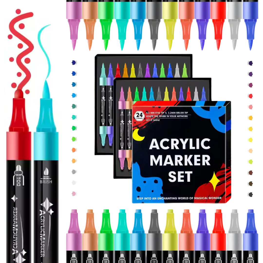 Акрилові маркери, 24 кольори, двосторонні маркери для малювання на склі, дереві, тканині, для розмальовок, фото 1