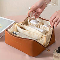 Містка косметичка-органайзер, 23х12х20 см, PU шкіра, жіноча косметичка на блискавці, коричнева