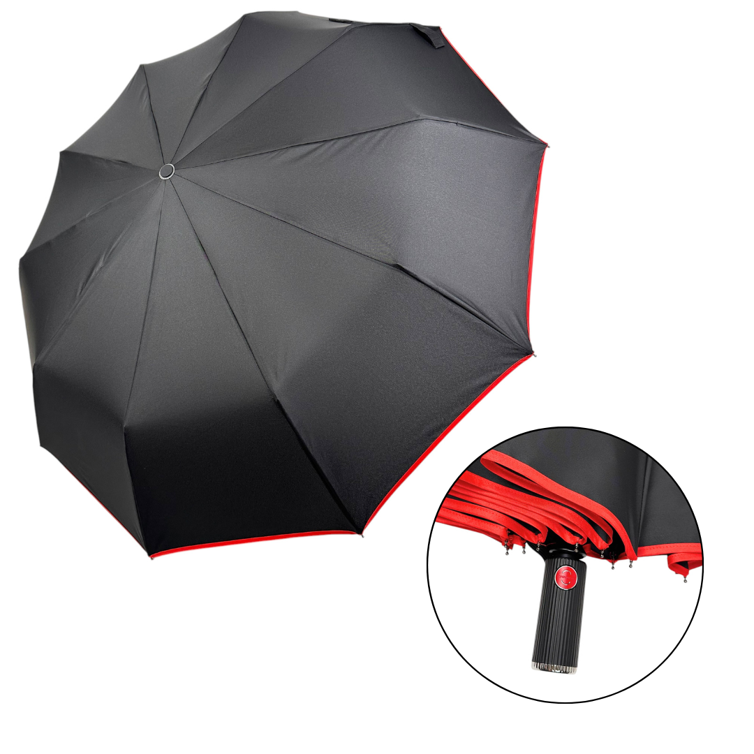 Класична складна парасоля автомат на 10 подвійних спиць від Bellissimo, антивітер, з червоною смужкою, М 0633-3, фото 1