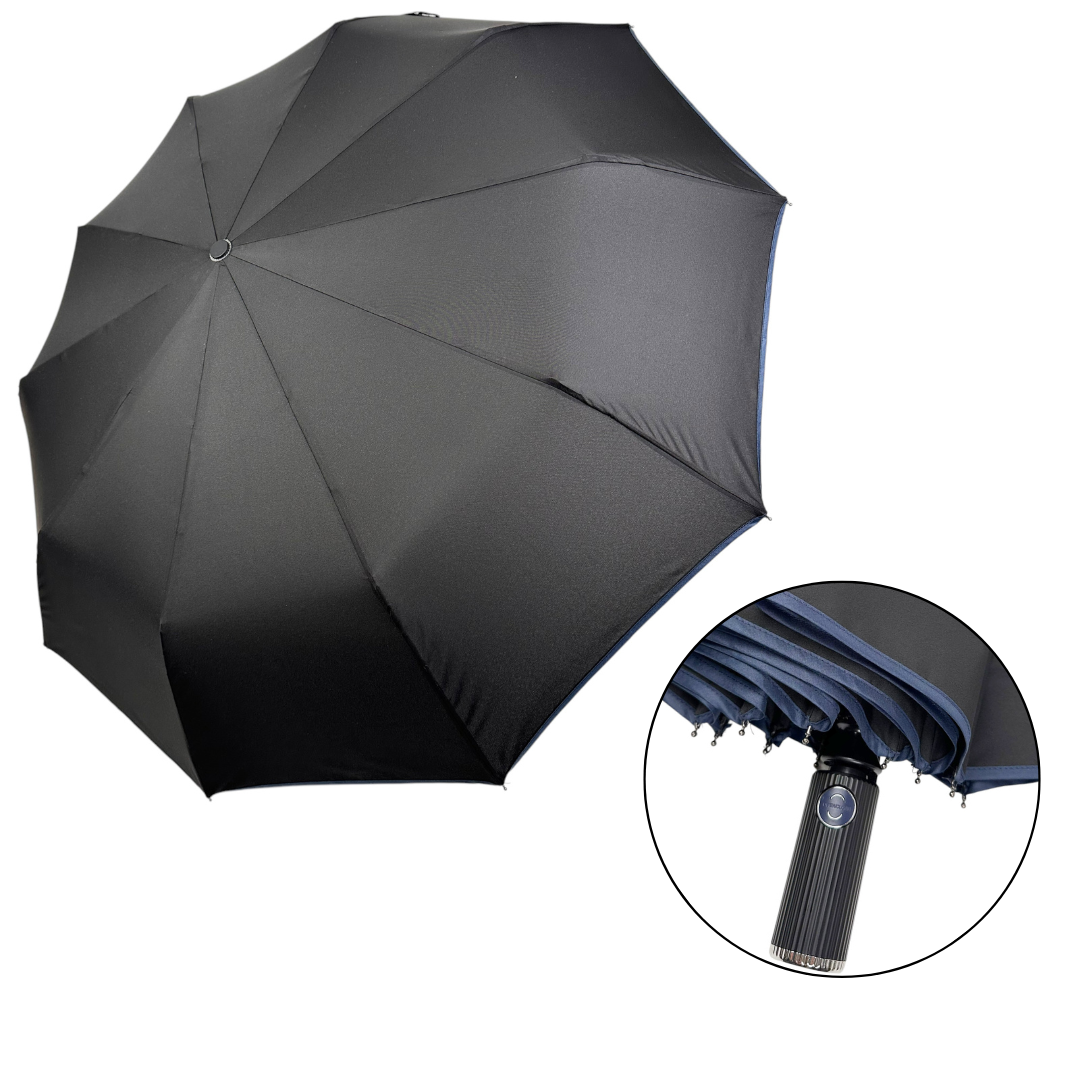 Класична складна парасоля автомат на 10 подвійних спиць від Bellissimo, антивітер, з синьою смужкою, М 0633-4