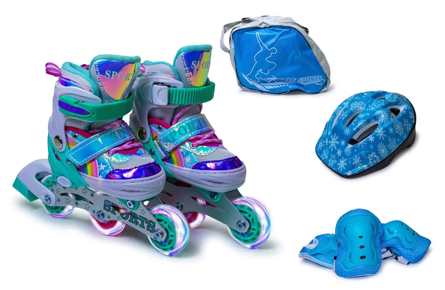 Комплект дитячих роликів Scale Sports Веселка. Усі колеса світяться. Бірюзовий. Розмір 29-33