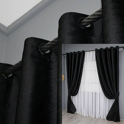 Комплект (2шт. 1,5х2,8м.) штор на люверсах з тканини оксамит (бархат). Колір чорний. Код 1664ш 37-0224