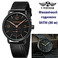 Часы черные мужские механические наручные на кожаном ремешке стекло минеральное Winner