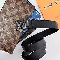 Красивый ремень женский из натуральной кожи Louis Vuitton черный пояс с черной матовой пряжкой в коробке
