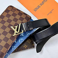 Красивый ремень женский из натуральной кожи Louis Vuitton черный пояс с золотой матовой пряжкой в коробке