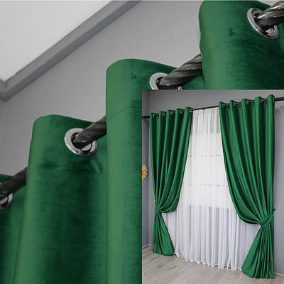 Комплект (2шт. 1,5х2,8м.) штор на люверсах з тканини оксамит (бархат). Колір зелений. Код 1663ш 37-0222