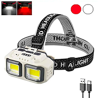 Потужний налобний ліхтар червоно-білий HX-816, 2COB, вологозахист, АКБ 18650, ЗП Type C