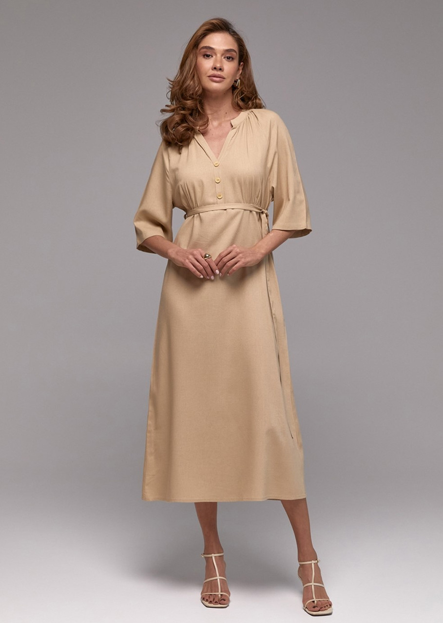 Сукня літня довга однотонна бежевого кольору, модель 3023