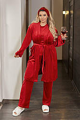 Комплект домашній ВЕЛЮР 4-ка розмір від 40 до 62 ШТАНЦІ+ФУТБОЛКА+ХАЛАТ+ПОВ'ЯЗКА БОРДО 5283