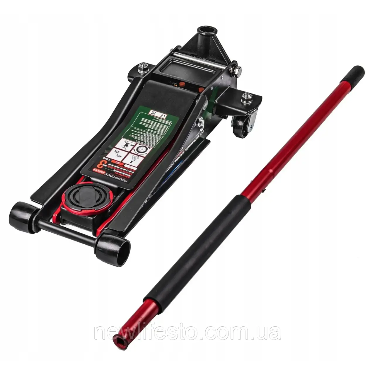 Домкрат підкатний гідравлічний двоштоковий низькопрофільний з прогумованою накладкою на рукоятці 3т (h min 75мм, h max 510мм) ROCK, фото 1