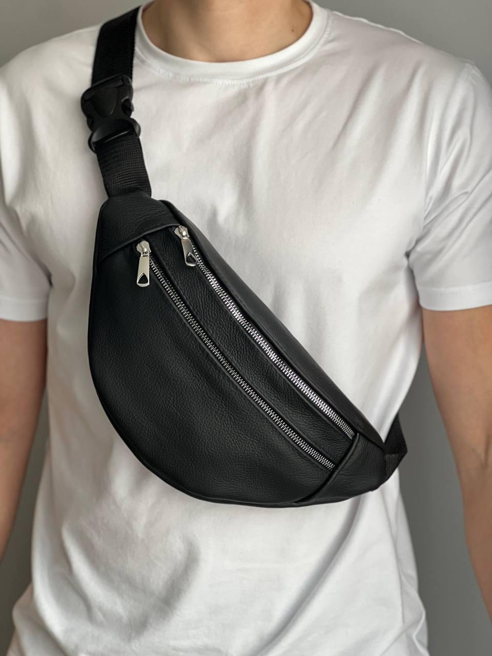 Класична сумка бананка чоловіча на груди натуральна шкіра Чорна поясна сумка на блискавці через плече хлопцю, фото 1