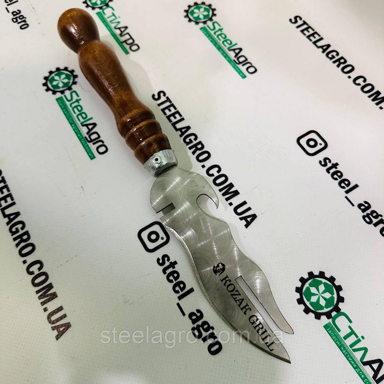 Багатофункціональна виделка для зняття м'яса і шашлику + відкривачка + ніж світло коричнева ручка Kozak Grill, фото 1