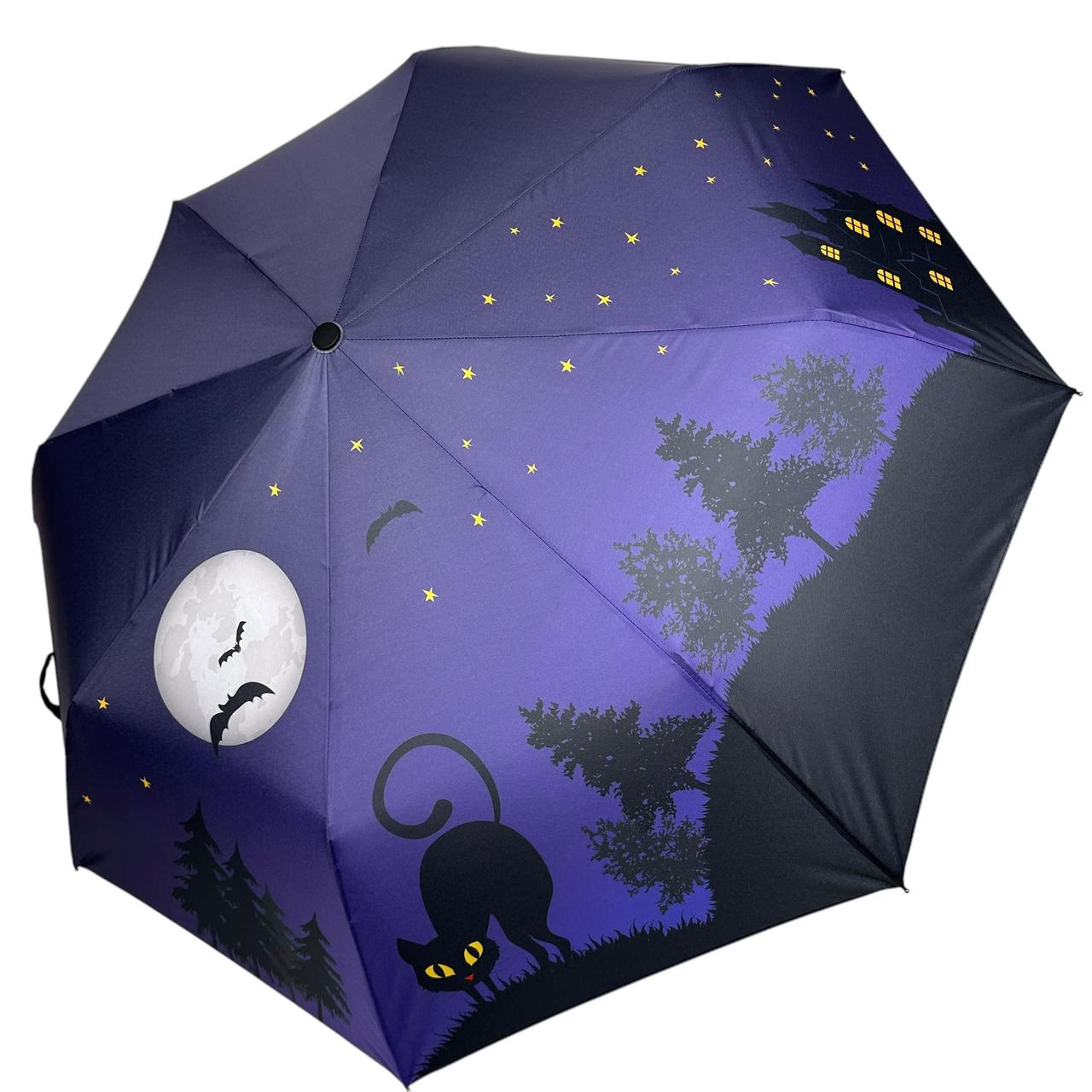 Жіноча парасоля напівавтомат на 8 спиць від Bellissimo з зображенням чорної кішки, бузковий, М 0640-6