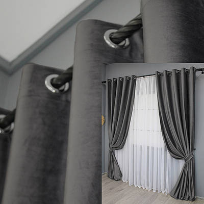 Комплект (2шт. 1,5х2,8м.) штор на люверсах з тканини оксамит (бархат). Колір графітовий. Код 1659ш 37-0233