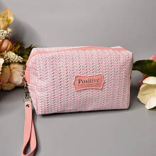 Косметичка прямокутна з написом Positive рожева з візерунками (розмір:18х8х12) зі шкірозамінника