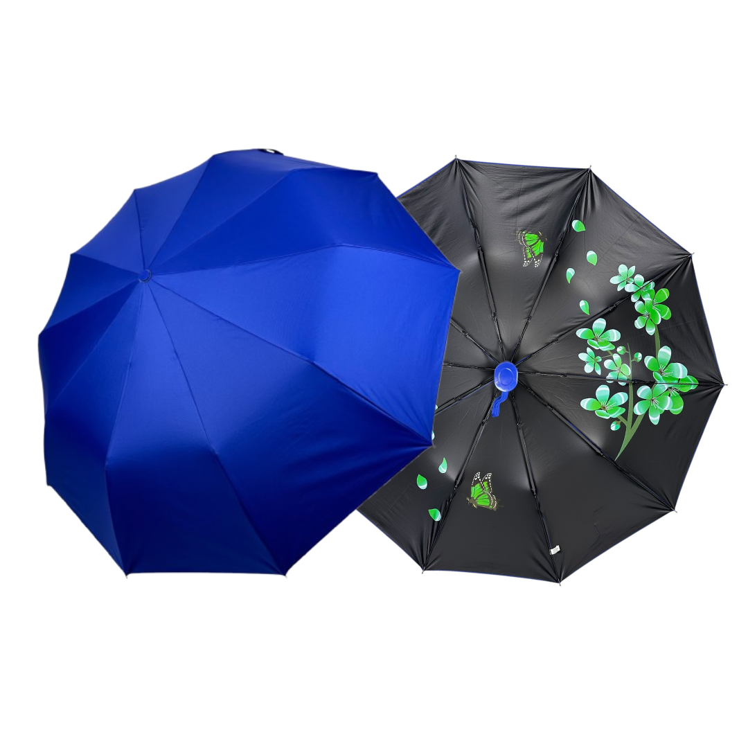 Жіноча парасоля напівавтомат на 10 спиць антивітер від Bellissimo з малюнком квітів всередині, синій, М 0639-1