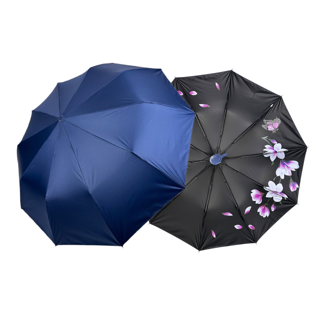 Жіноча парасоля напівавтомат на 10 спиць антивітер від Bellissimo з малюнком квітів всередині, темно-синій, М 0639-2, фото 1