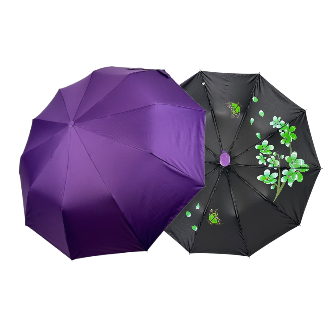 Жіноча парасоля напівавтомат на 10 спиць антивітер від Bellissimo з малюнком квітів всередині, фіолетовий, М 0639-5