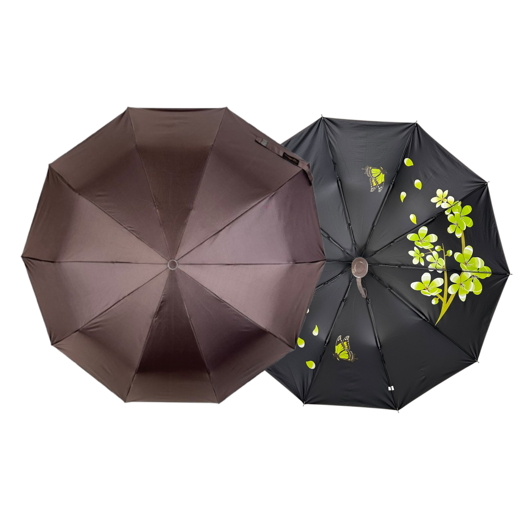 Жіноча парасоля напівавтомат на 10 спиць антивітер від Bellissimo з малюнком квітів всередині, коричневий, М 0639-9