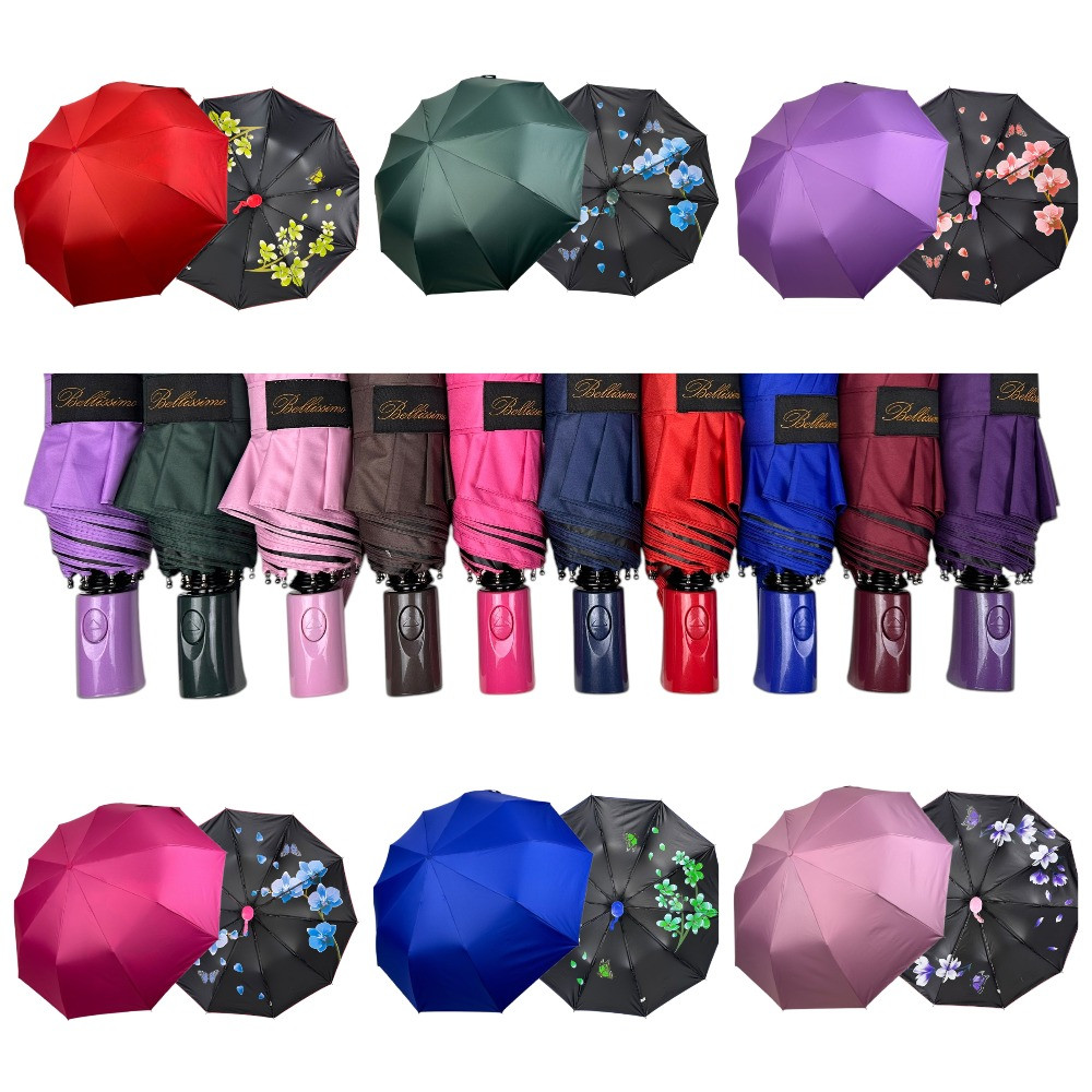 Оптом Жіноча парасоля напівавтомат на 10 спиць антивітер від Bellissimo з малюнком квітів всередині, М 639