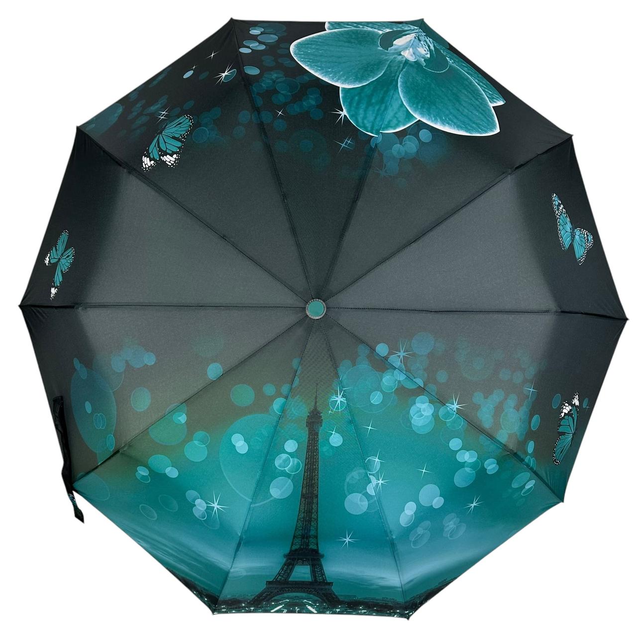 Жіноча парасоля напівавтомат на 10 спиць антивітер від Bellissimo з принтом Парижу, зелений, М 0637-2