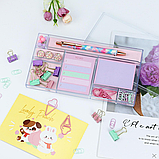 Подарунковий набір канцелярії для навчання, роботи, ручка та набір стікерів, біндерів, скріпок у подарунковому боксі, фото 4
