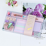 Подарунковий набір канцелярії для навчання, роботи, ручка та набір стікерів, біндерів, скріпок у подарунковому боксі, фото 2