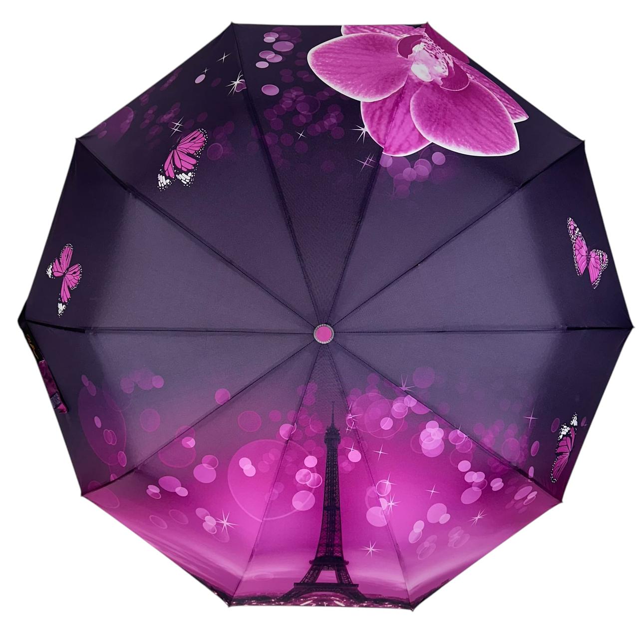Жіноча парасоля напівавтомат на 10 спиць антивітер від Bellissimo з принтом Парижу, фіолетовий, М 0637-4, фото 1