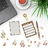 Подарунковий набір канцелярії для навчання, роботи, ручка і набір стікерів, біндерів скріпок, леопардове забарвлення, фото 3