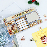 Подарунковий набір канцелярії для навчання, роботи, ручка і набір стікерів, біндерів скріпок, леопардове забарвлення, фото 2