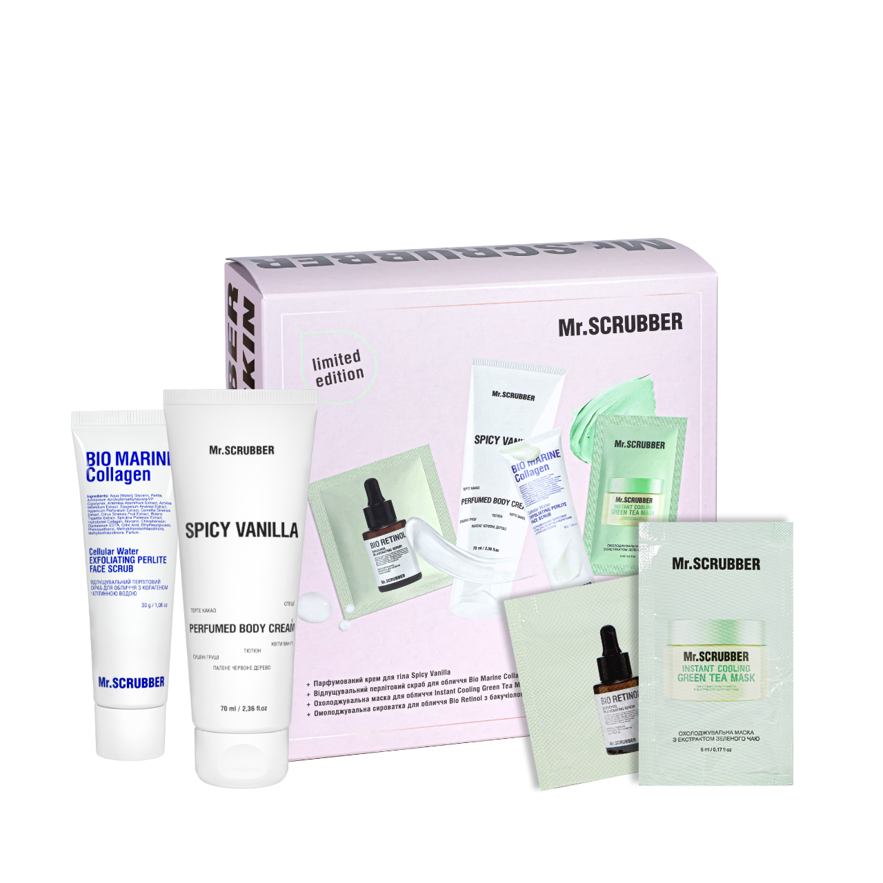 Набір косметики для догляду за обличчям і тілом Mr. Scrubber Beauty Bestsellers, 4 продукти, фото 1
