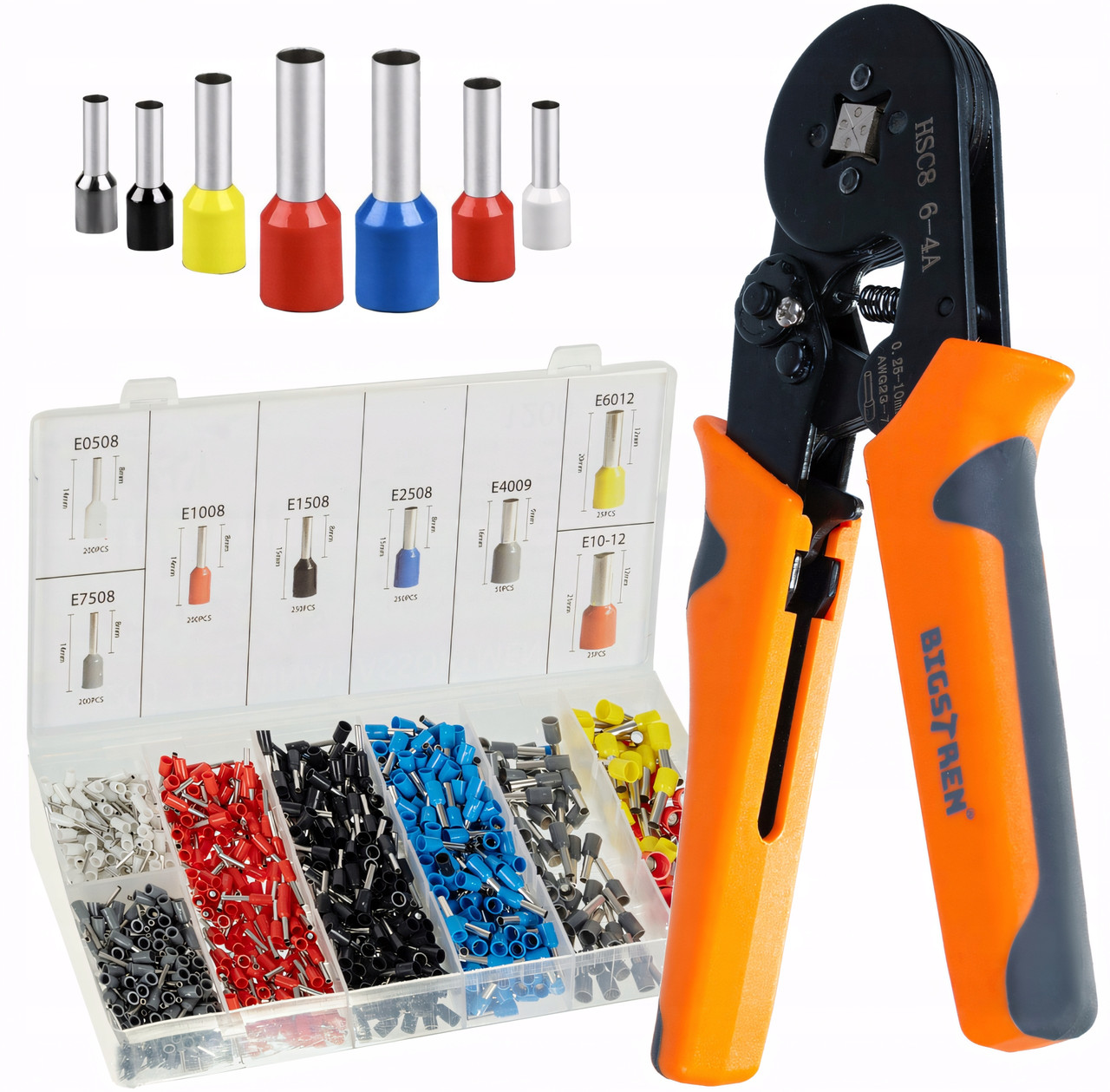 Клещі обтискні Bigstren 22717 — кримпер 0,25–10 мм² з набором 1200 гільз, фото 1
