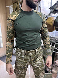 Лонгслів, стрейч-кулір олива/піксель