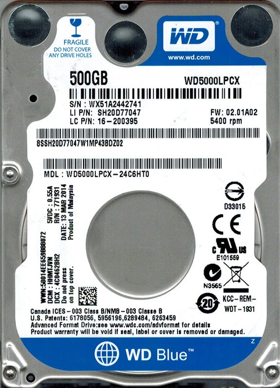 2.5" HDD для ноутбука 500/5400 (16Mb) SATA3 WD (WD5000LPCX-24C6HT0)