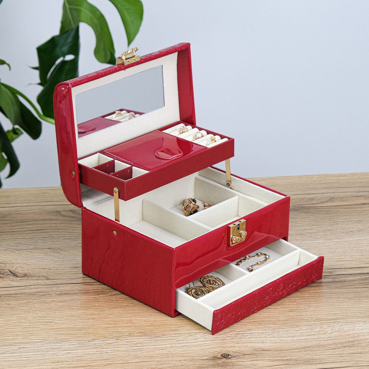 Шкатулка для прикрас трьохшарова з дзеркалом, поліуретанова шкіра червона 22*16.5*13 см Гранд Презент JZ-018-1, фото 1
